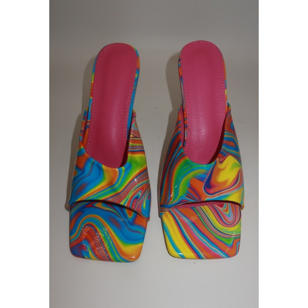 Women's Rainbow Swirl Mule Heels Multicolor Clear Heel Square Toe Sandals 9
